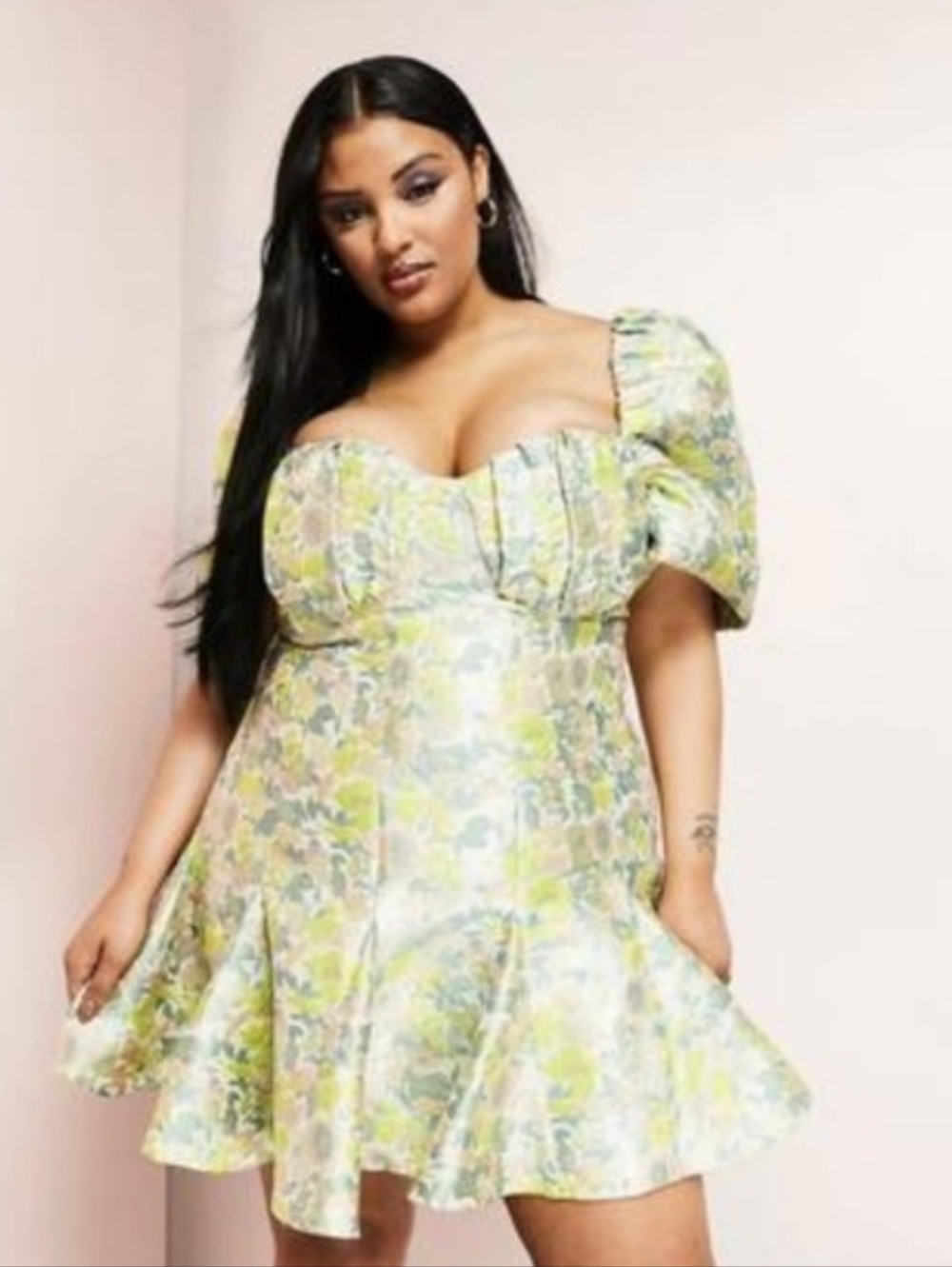 ASOS LUXE Jacquard Corset Mini Dress Puff Sleeve Off  Shoulder Cottagecore 16
